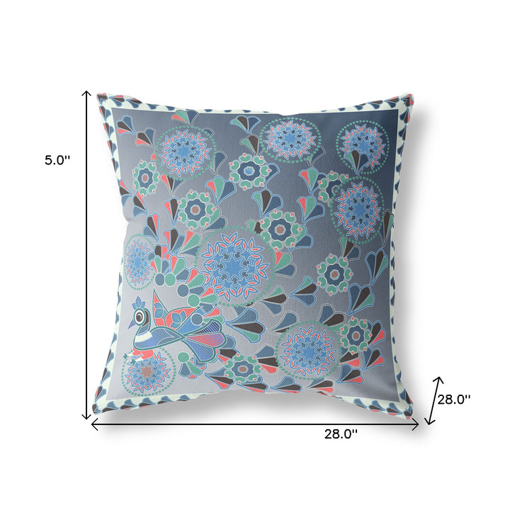 28" x 28" Blue and White Peacock Blown Seam Floral Indoor Outdoor Throw Pillow