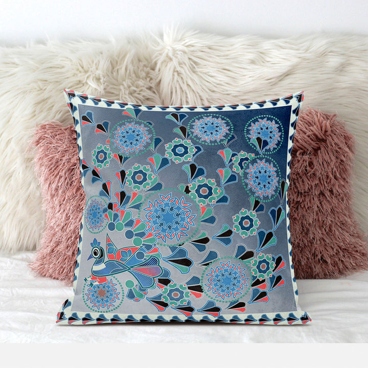 28" x 28" Blue and White Peacock Blown Seam Floral Indoor Outdoor Throw Pillow