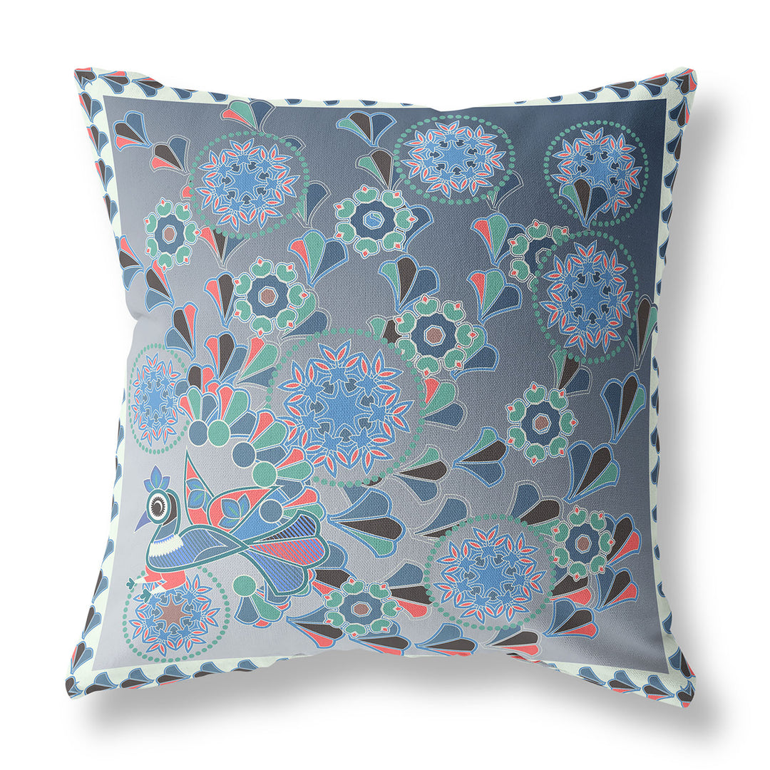 28" x 28" Blue and White Peacock Blown Seam Floral Indoor Outdoor Throw Pillow