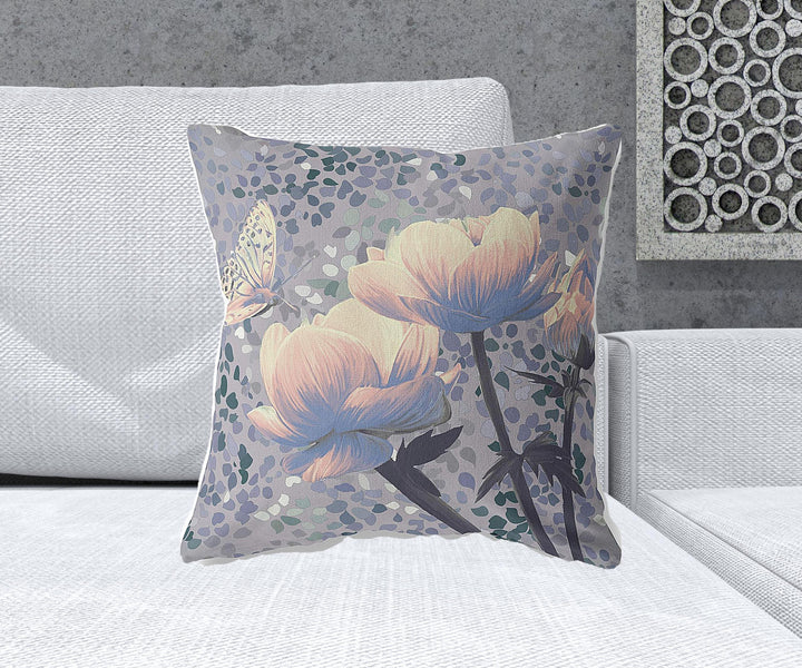 20" x 20" Gray Butterfly Blown Seam Floral Indoor Outdoor Throw Pillow