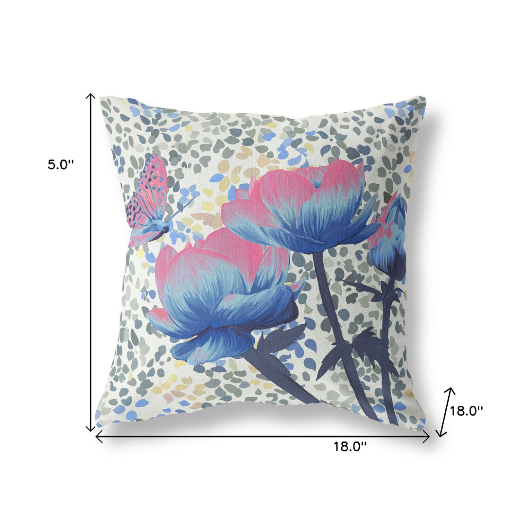 18" x 18" Pink Butterfly Blown Seam Floral Indoor Outdoor Throw Pillow