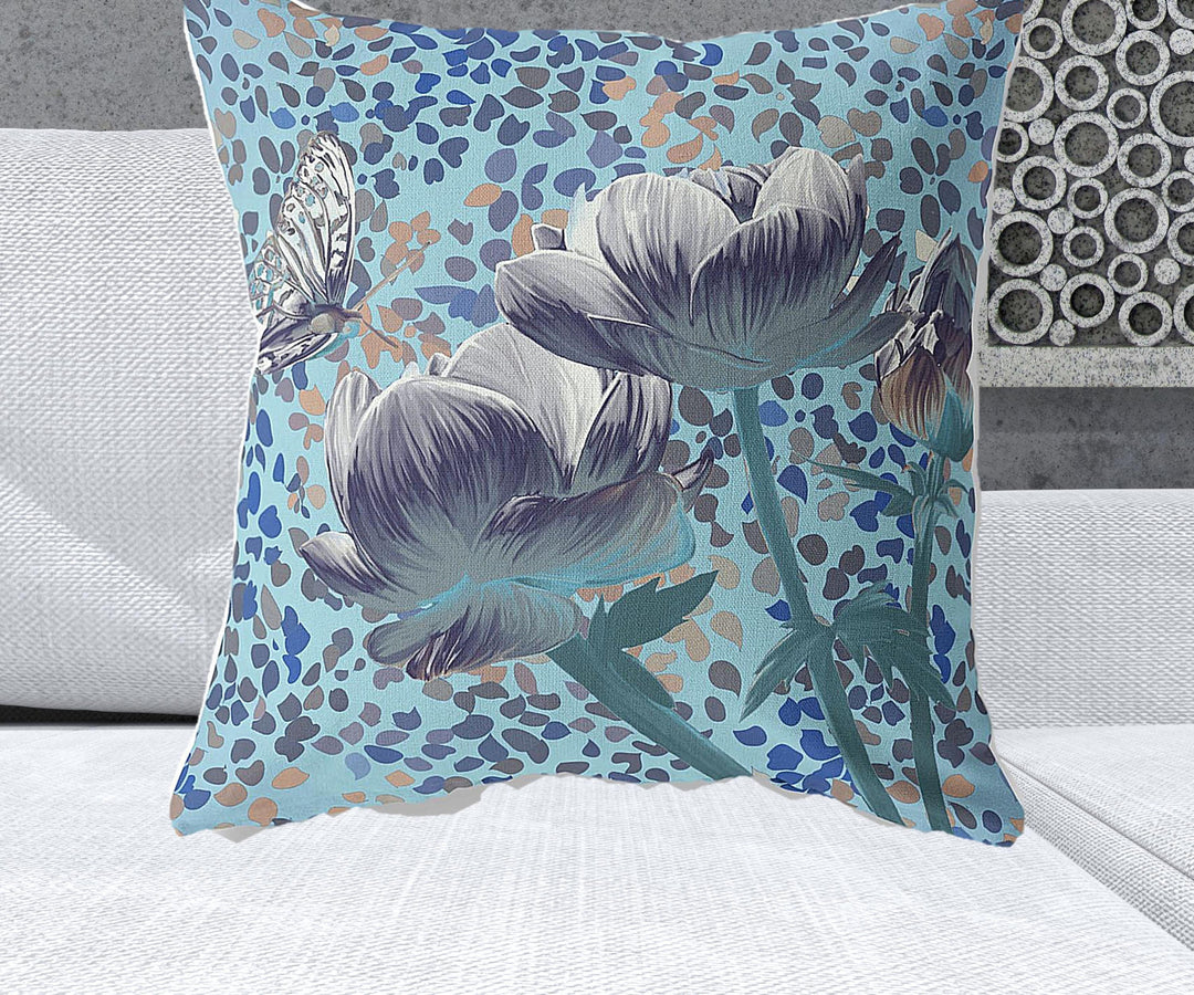 26" x 26" Indigo Butterfly Blown Seam Floral Indoor Outdoor Throw Pillow