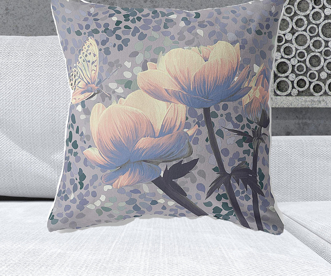 26" x 26" Gray Butterfly Blown Seam Floral Indoor Outdoor Throw Pillow