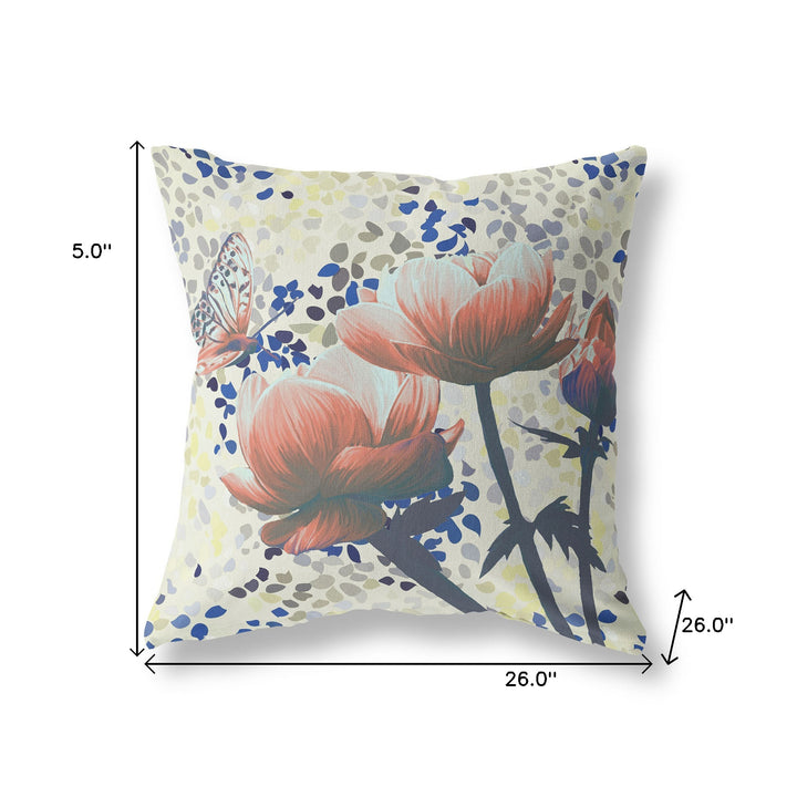 26" x 26" Orange Butterfly Blown Seam Floral Indoor Outdoor Throw Pillow