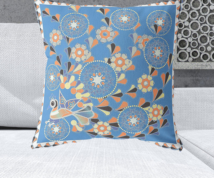 26" x 26" Blue and Orange Peacock Blown Seam Floral Indoor Outdoor Throw Pillow