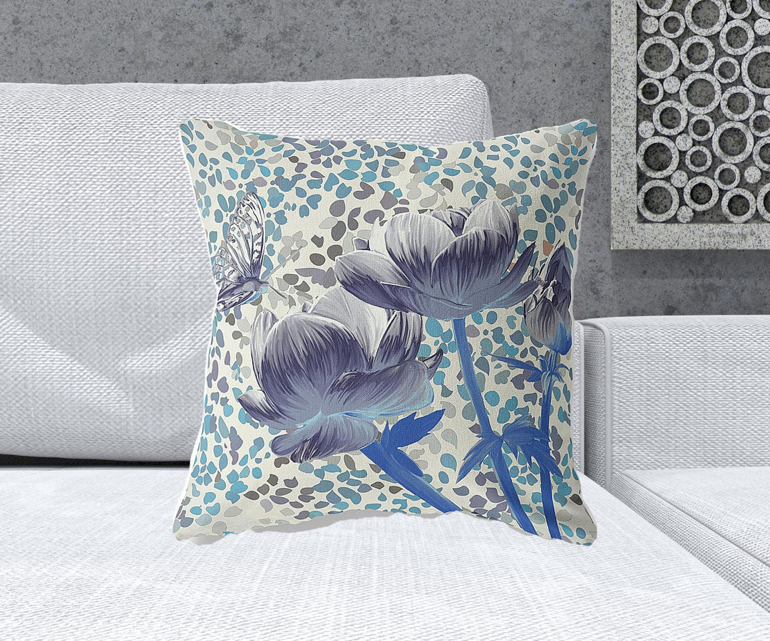 20" x 20" Gray Butterfly Blown Seam Floral Indoor Outdoor Throw Pillow