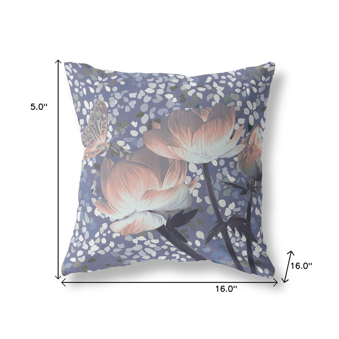 16" x 16" Peach Butterfly Blown Seam Floral Indoor Outdoor Throw Pillow