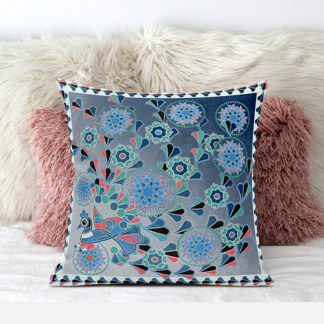 26" x 26" Blue and White Peacock Blown Seam Floral Indoor Outdoor Throw Pillow