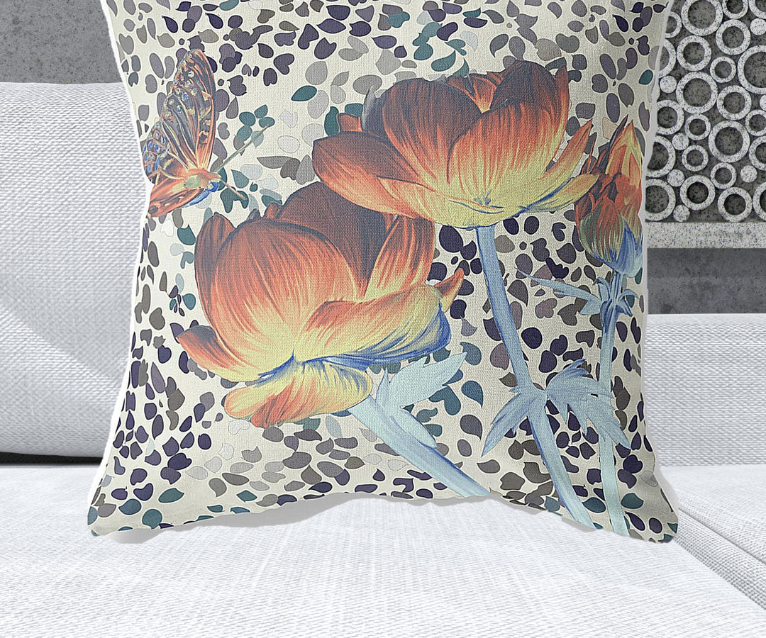 28" x 28" Orange Butterfly Blown Seam Floral Indoor Outdoor Throw Pillow