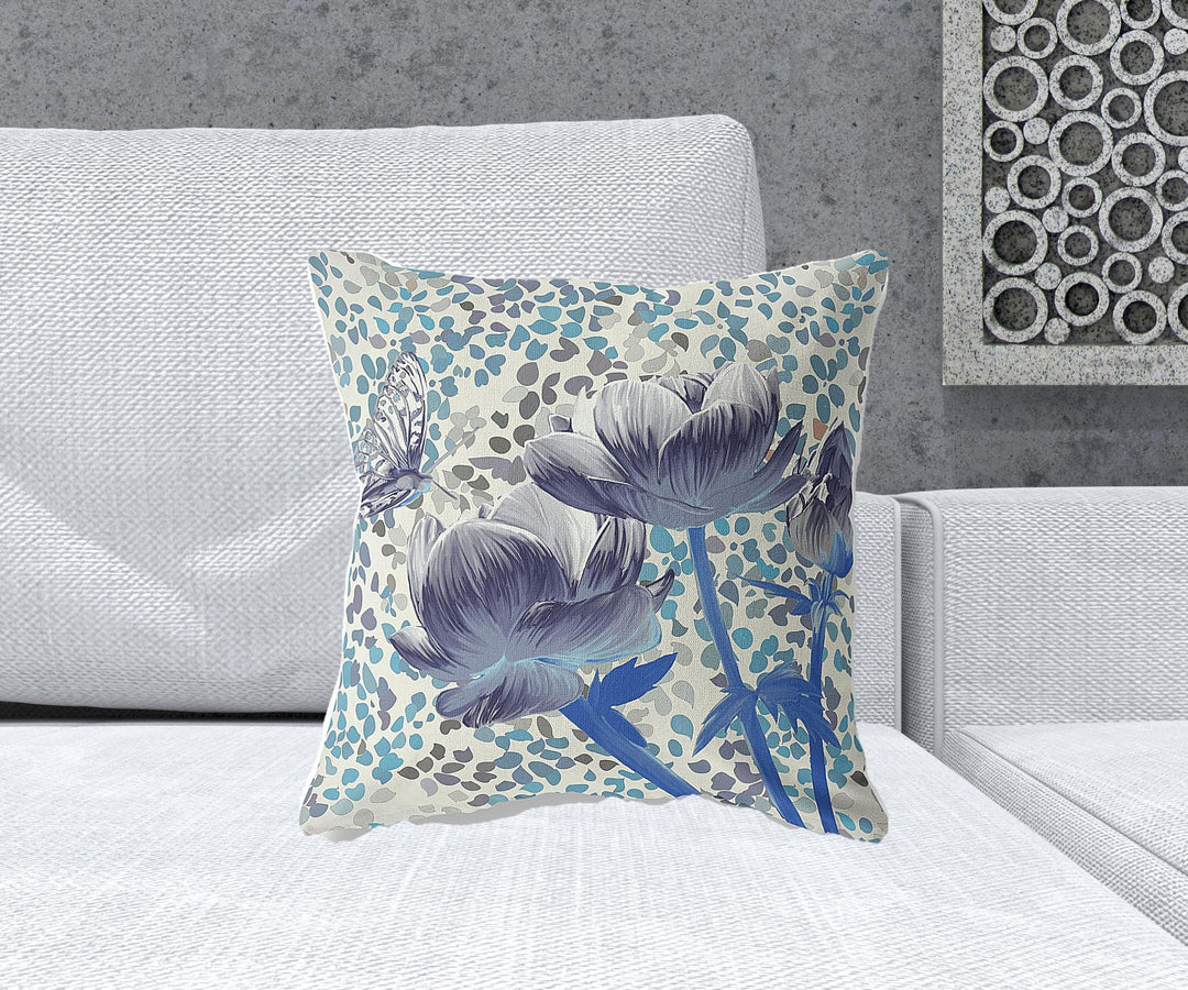 18" x 18" Gray Butterfly Blown Seam Floral Indoor Outdoor Throw Pillow