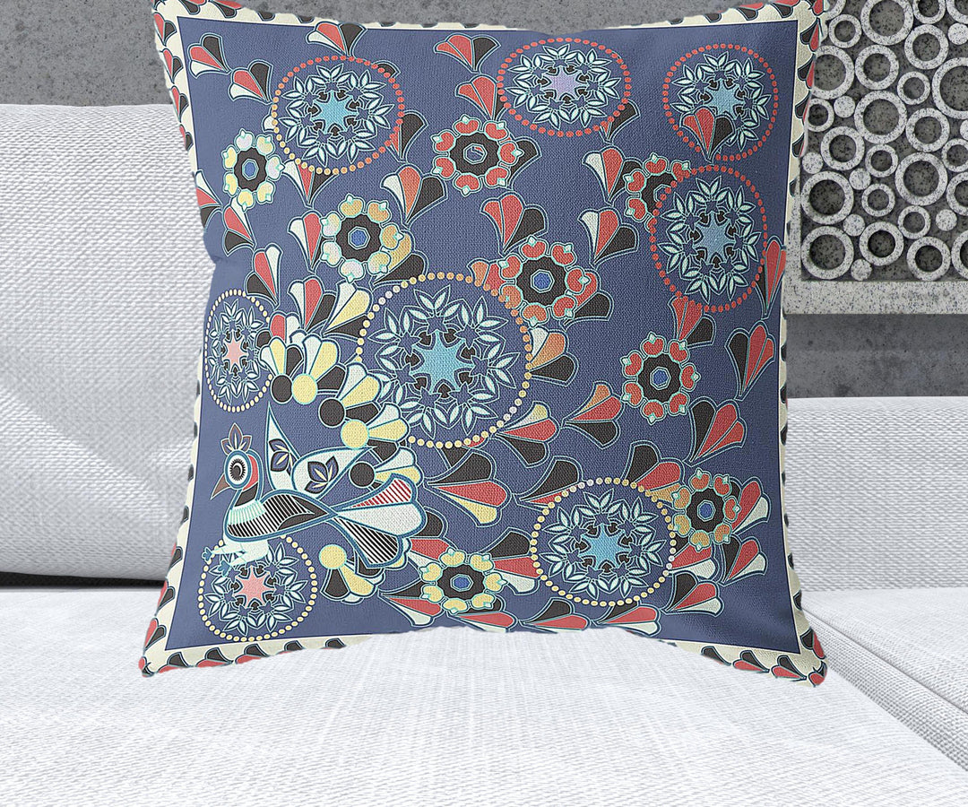 26" x 26" Blue and Off White Peacock Blown Seam Floral Indoor Outdoor Throw Pillow