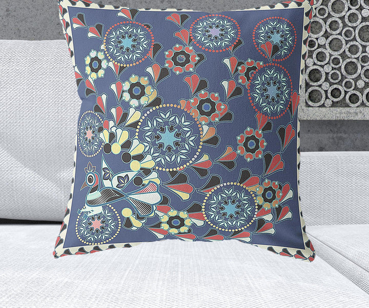 26" x 26" Blue and Off White Peacock Blown Seam Floral Indoor Outdoor Throw Pillow