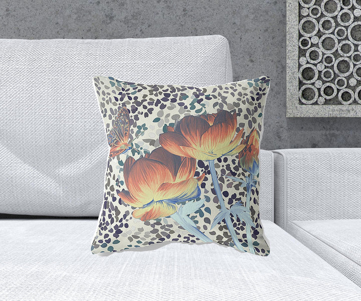 18" x 18" Orange Butterfly Blown Seam Floral Indoor Outdoor Throw Pillow