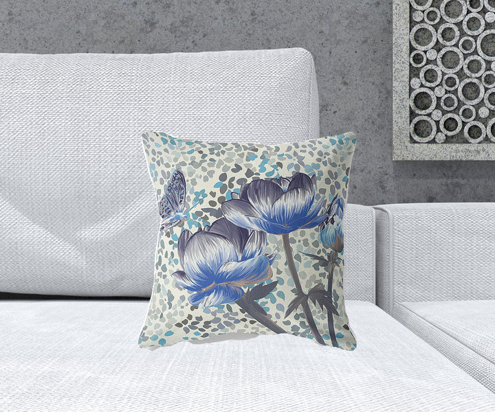 16" x 16" Indigo Butterfly Blown Seam Floral Indoor Outdoor Throw Pillow