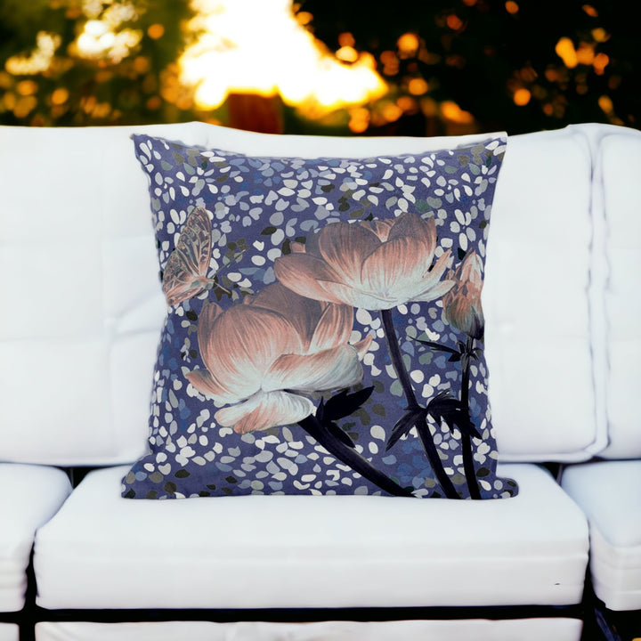 20" X 20" Blue and Gray Butterfly Blown Seam Floral Indoor Outdoor Throw Pillow