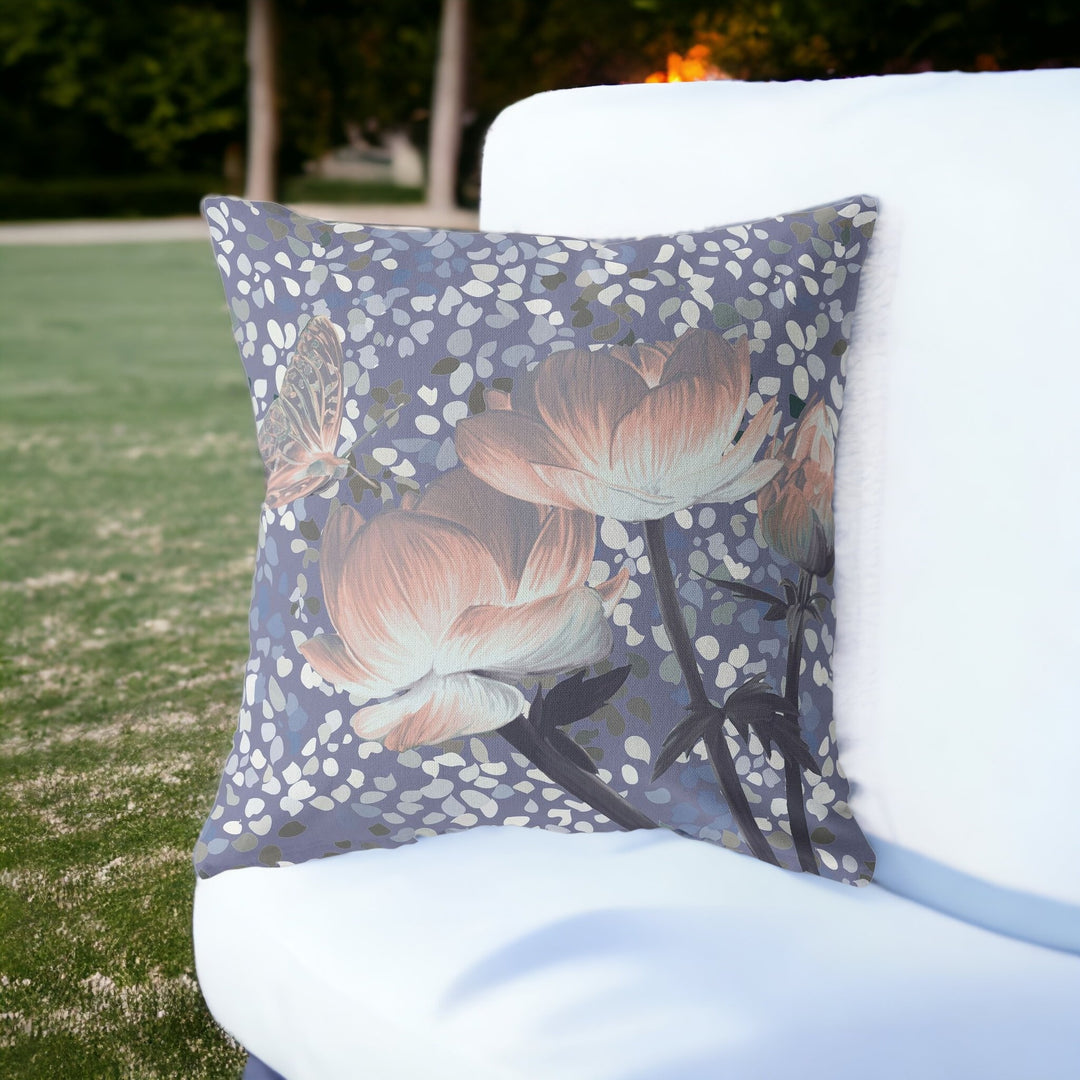 18" X 18" Blue and Gray Butterfly Blown Seam Floral Indoor Outdoor Throw Pillow