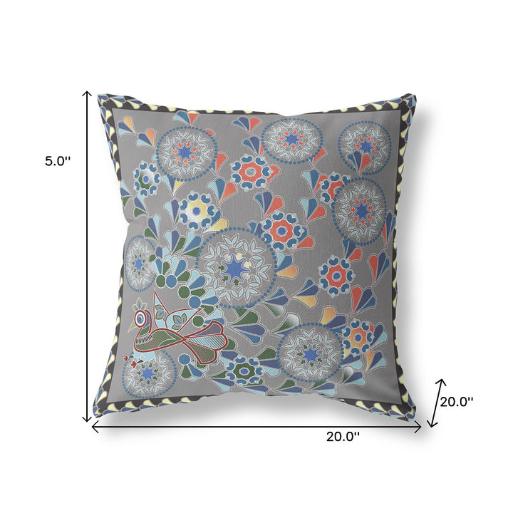 20" x 20" Gray Peacock Blown Seam Floral Indoor Outdoor Throw Pillow