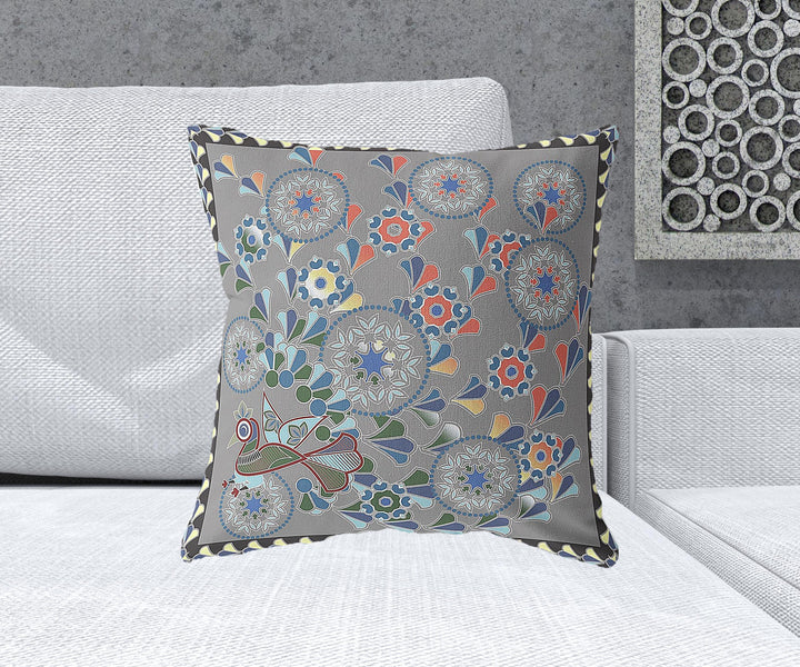 20" x 20" Gray Peacock Blown Seam Floral Indoor Outdoor Throw Pillow