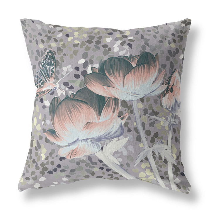 16" x 16" Pink Butterfly Blown Seam Floral Indoor Outdoor Throw Pillow