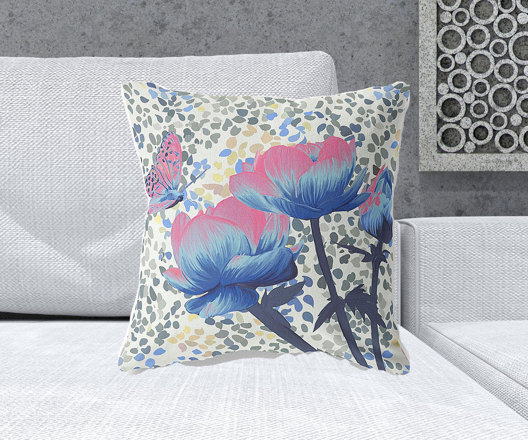 20" x 20" Pink Butterfly Blown Seam Floral Indoor Outdoor Throw Pillow