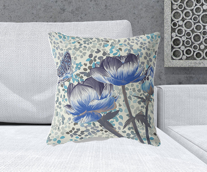 20" x 20" Indigo Butterfly Blown Seam Floral Indoor Outdoor Throw Pillow