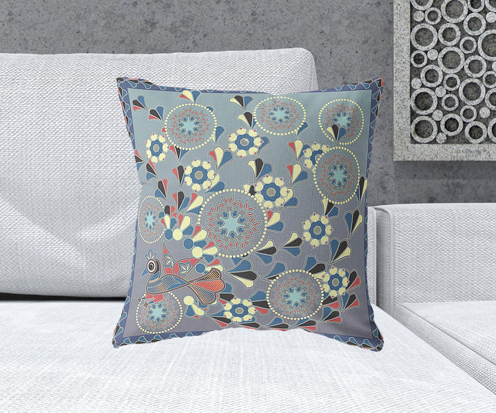 20" x 20" Blue and Gray Peacock Blown Seam Floral Indoor Outdoor Throw Pillow