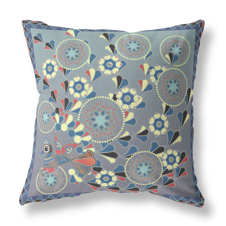 20" x 20" Blue and Gray Peacock Blown Seam Floral Indoor Outdoor Throw Pillow