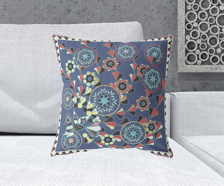 20" x 20" Blue and Off White Peacock Blown Seam Floral Indoor Outdoor Throw Pillow