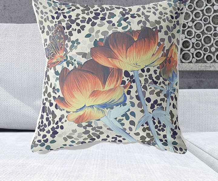 26" x 26" Orange Butterfly Blown Seam Floral Indoor Outdoor Throw Pillow