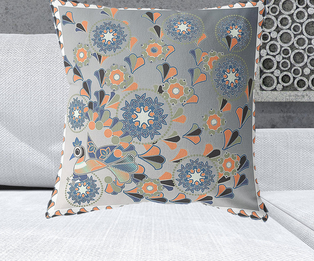 26" x 26" Gray and White Peacock Blown Seam Floral Indoor Outdoor Throw Pillow