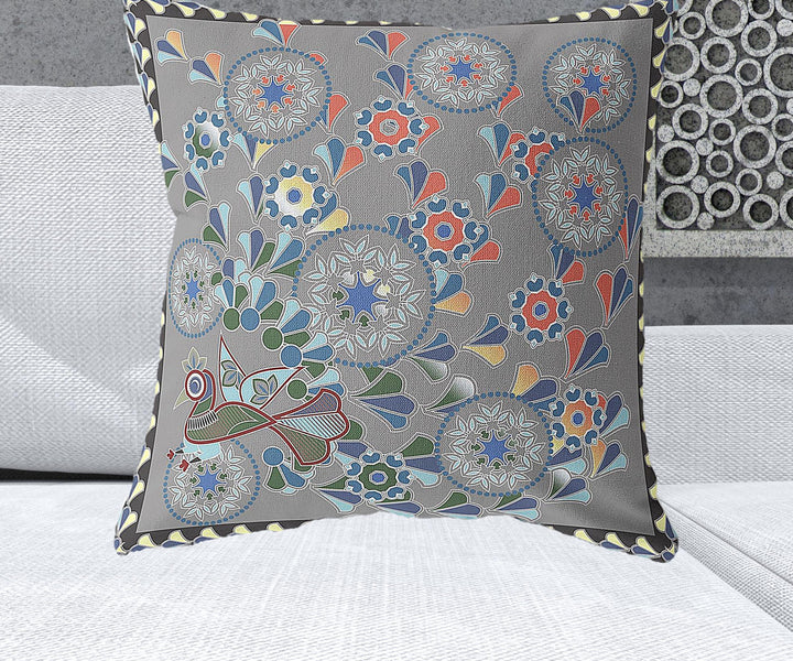 26" x 26" Gray Peacock Blown Seam Floral Indoor Outdoor Throw Pillow