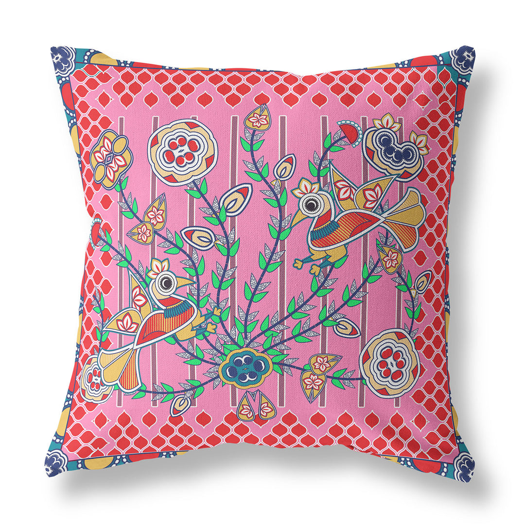 16" x 16" Pink Peacock Blown Seam Floral Indoor Outdoor Throw Pillow