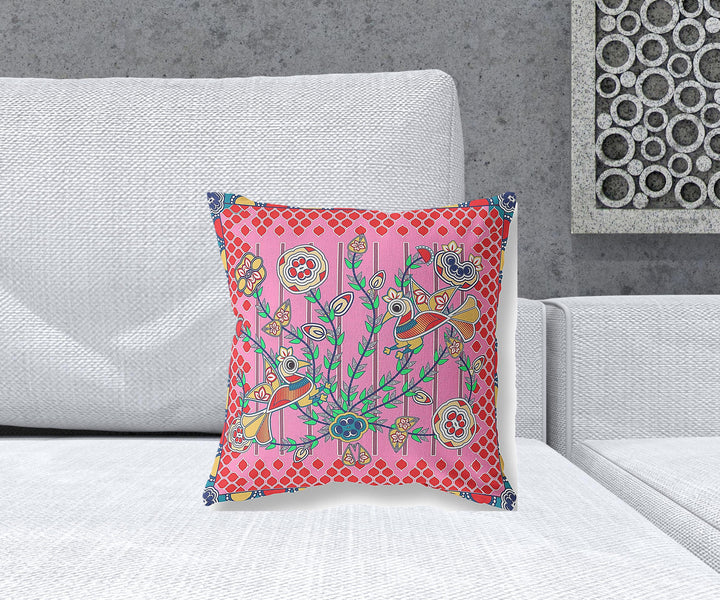 16" x 16" Pink Peacock Blown Seam Floral Indoor Outdoor Throw Pillow