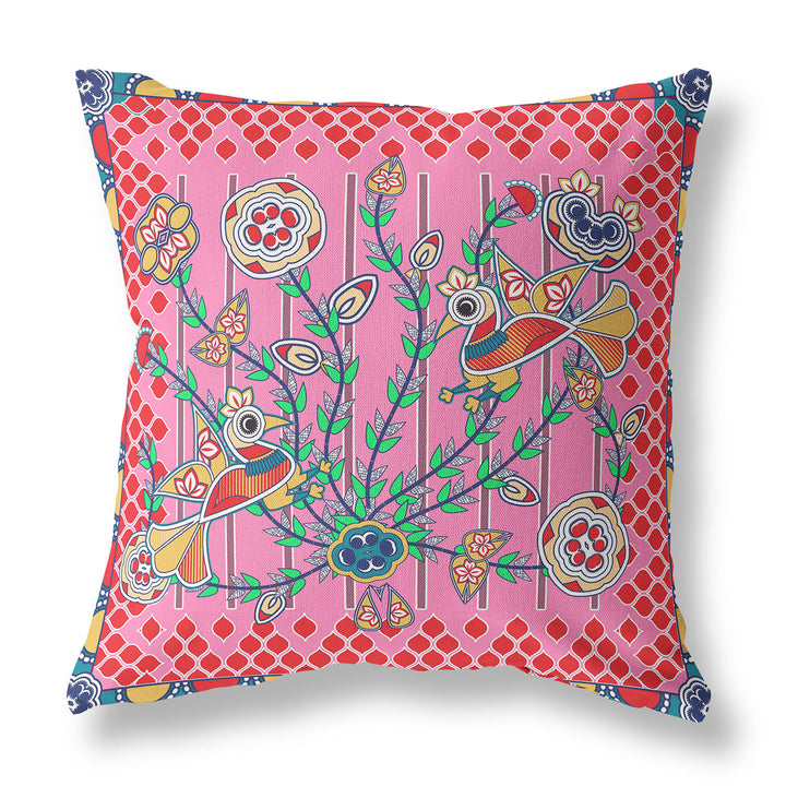 20" x 20" Pink Peacock Blown Seam Floral Indoor Outdoor Throw Pillow