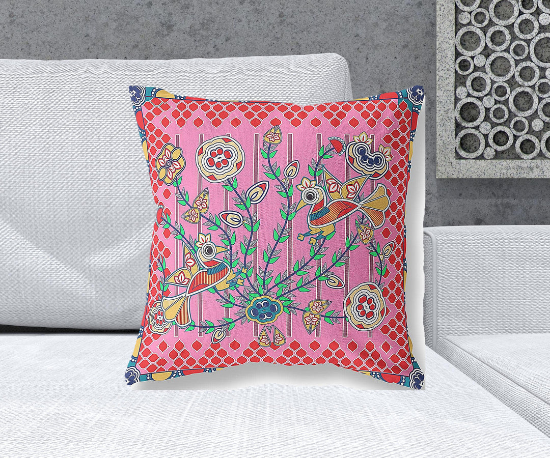 20" x 20" Pink Peacock Blown Seam Floral Indoor Outdoor Throw Pillow