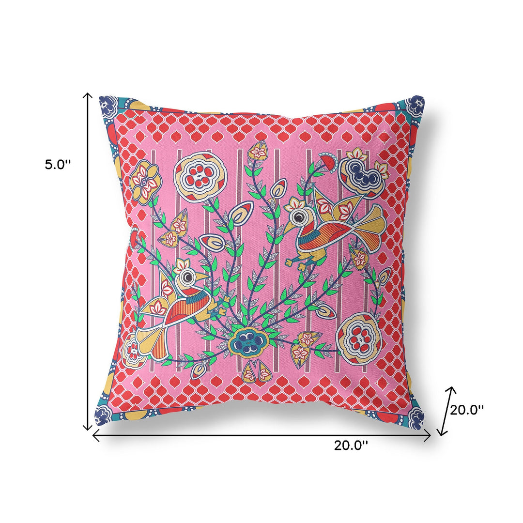 20" x 20" Pink Peacock Blown Seam Floral Indoor Outdoor Throw Pillow