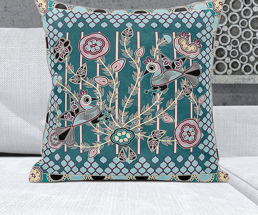 26" x 26" Dark Green Peacock Blown Seam Floral Indoor Outdoor Throw Pillow