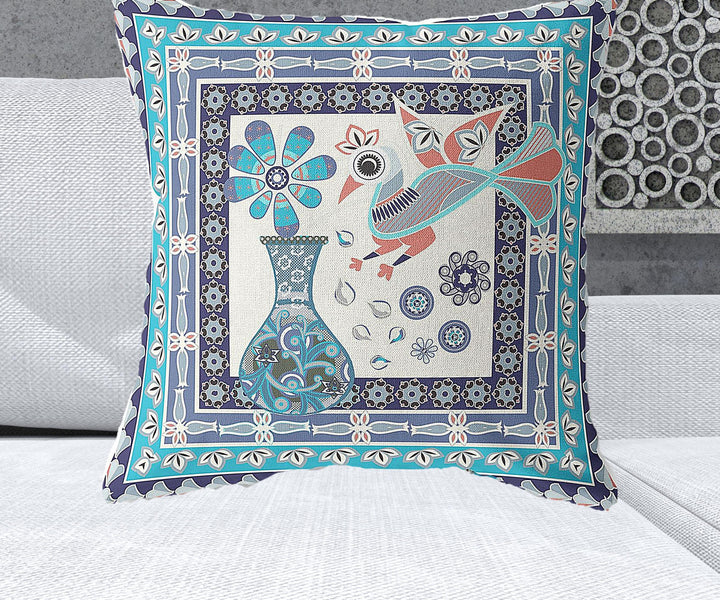 26" x 26" Blue and Off White Peacock Blown Seam Floral Indoor Outdoor Throw Pillow