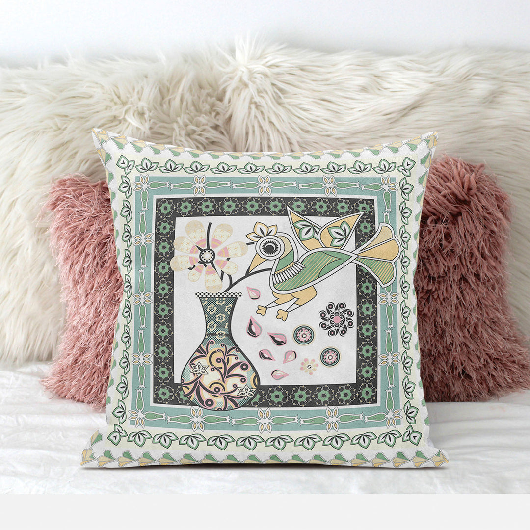 20" x 20" Green and White Bird Blown Seam Floral Indoor Outdoor Throw Pillow