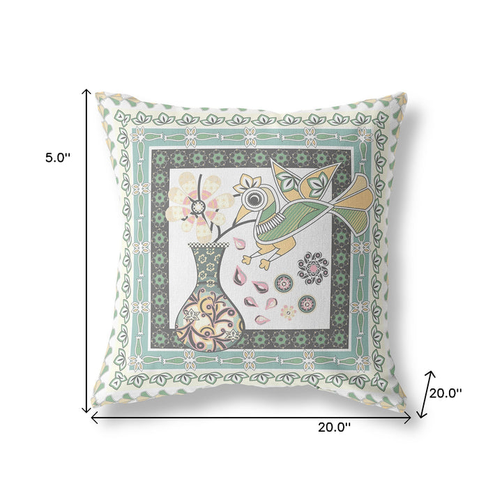 20" x 20" Green and White Bird Blown Seam Floral Indoor Outdoor Throw Pillow