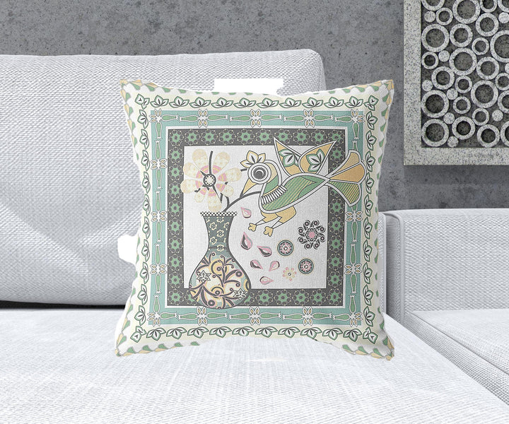 20" x 20" Green and White Bird Blown Seam Floral Indoor Outdoor Throw Pillow