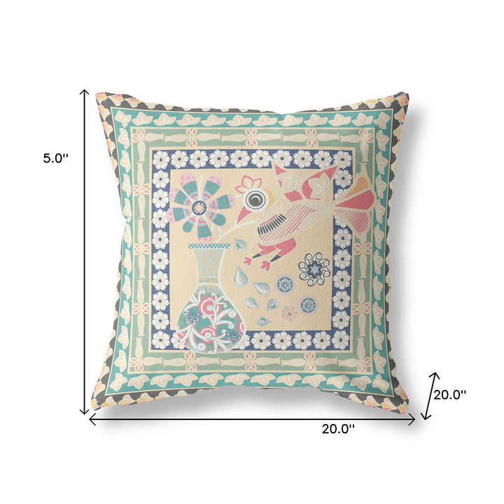 20" x 20" Beige Peacock Blown Seam Floral Indoor Outdoor Throw Pillow