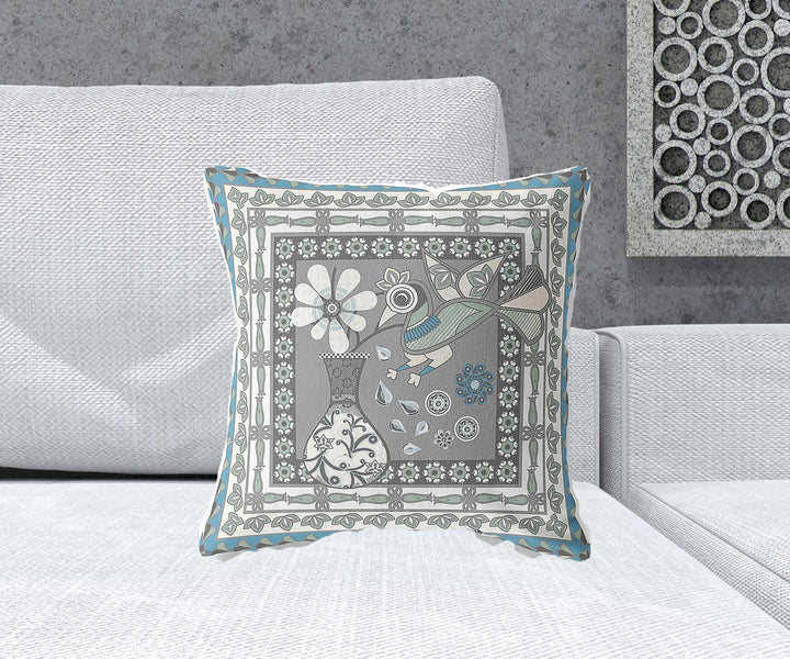 18" x 18" Gray and White Peacock Blown Seam Floral Indoor Outdoor Throw Pillow