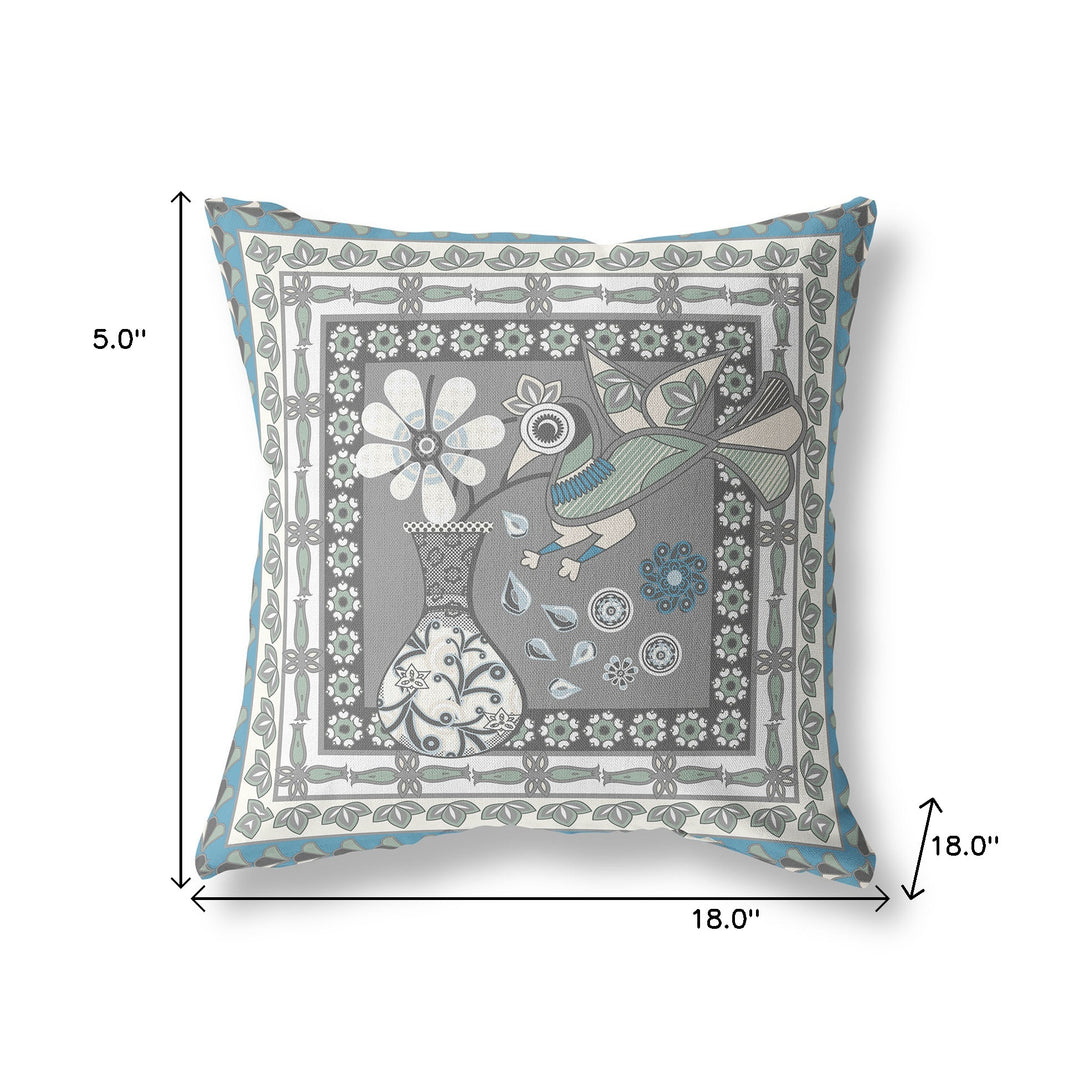 18" x 18" Gray and White Peacock Blown Seam Floral Indoor Outdoor Throw Pillow