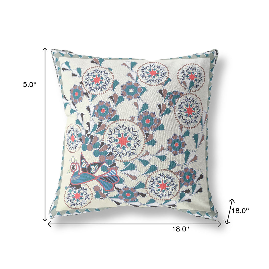 18" x 18" Off White Peacock Blown Seam Floral Indoor Outdoor Throw Pillow