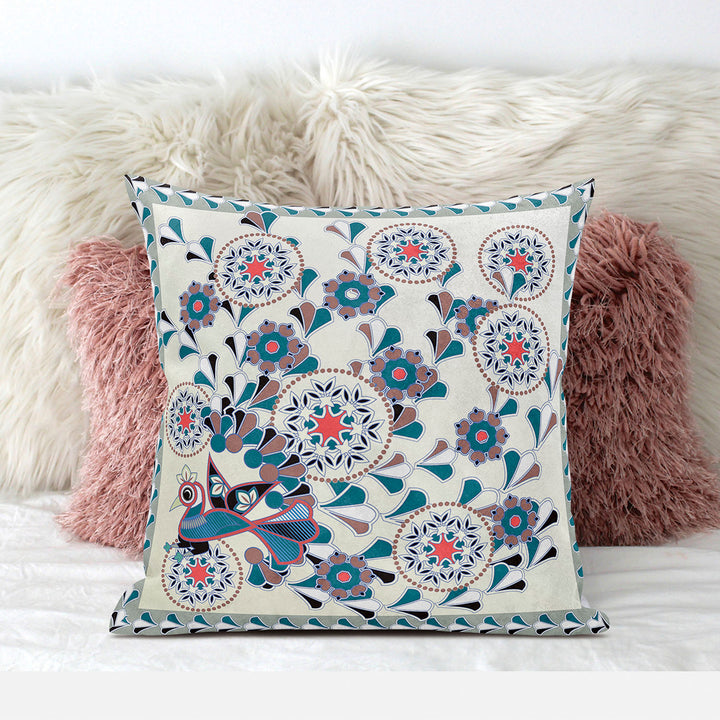 18" x 18" Off White Peacock Blown Seam Floral Indoor Outdoor Throw Pillow