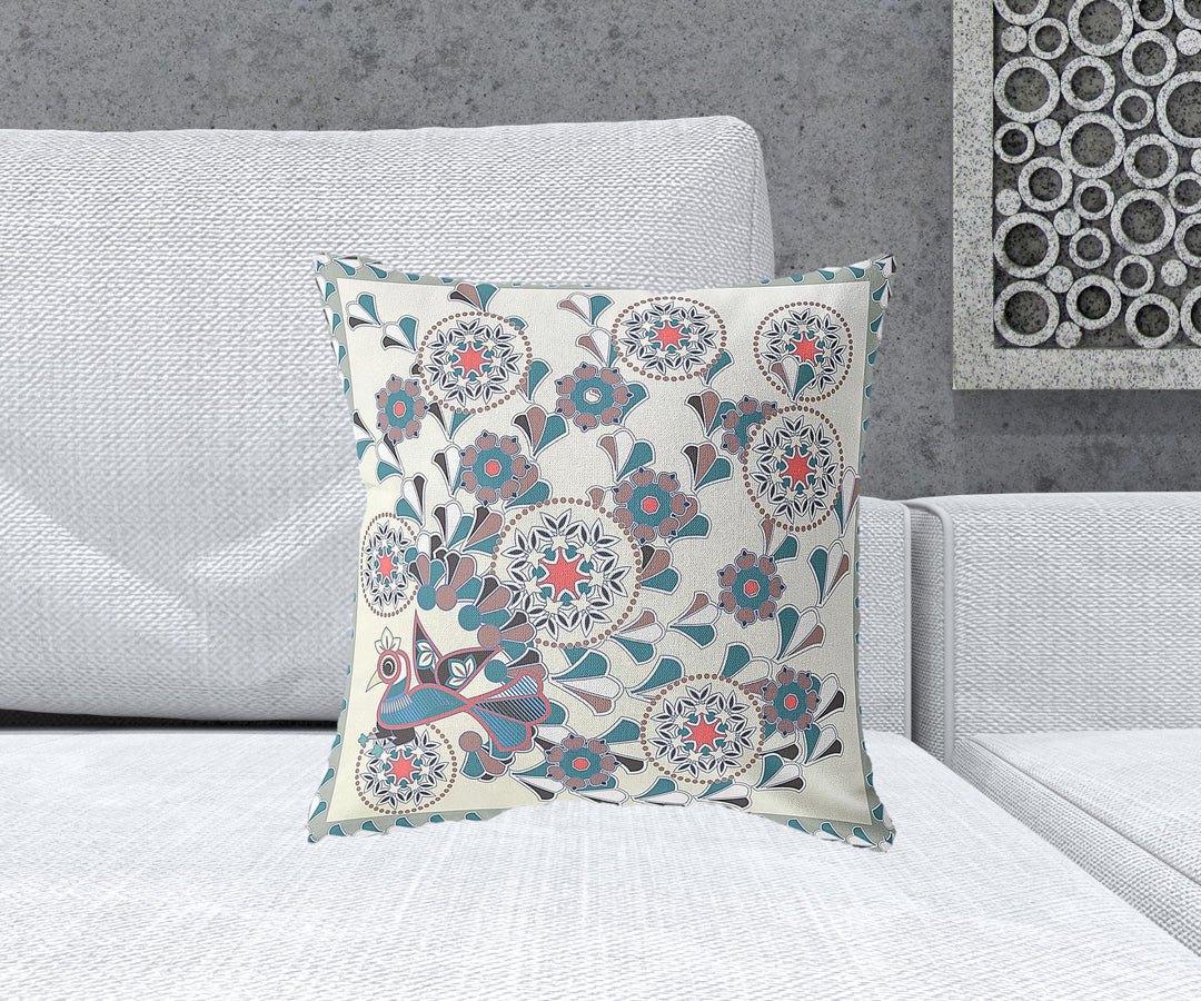 18" x 18" Off White Peacock Blown Seam Floral Indoor Outdoor Throw Pillow