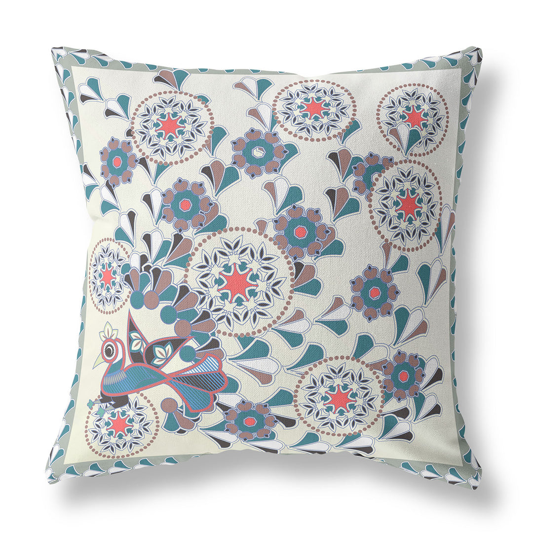 18" x 18" Off White Peacock Blown Seam Floral Indoor Outdoor Throw Pillow