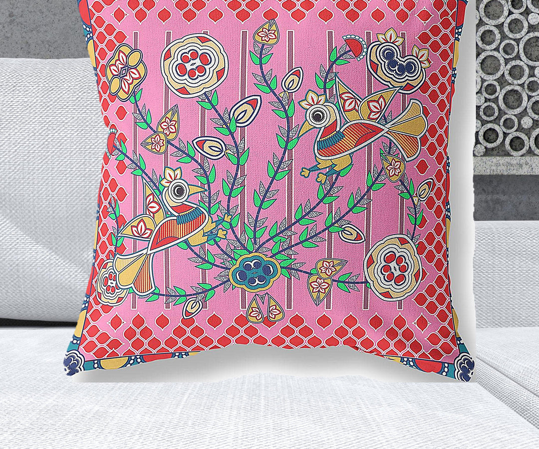 28" x 28" Pink Peacock Blown Seam Floral Indoor Outdoor Throw Pillow