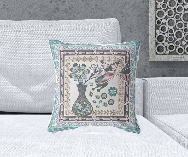 18" x 18" Gray Peacock Blown Seam Floral Indoor Outdoor Throw Pillow